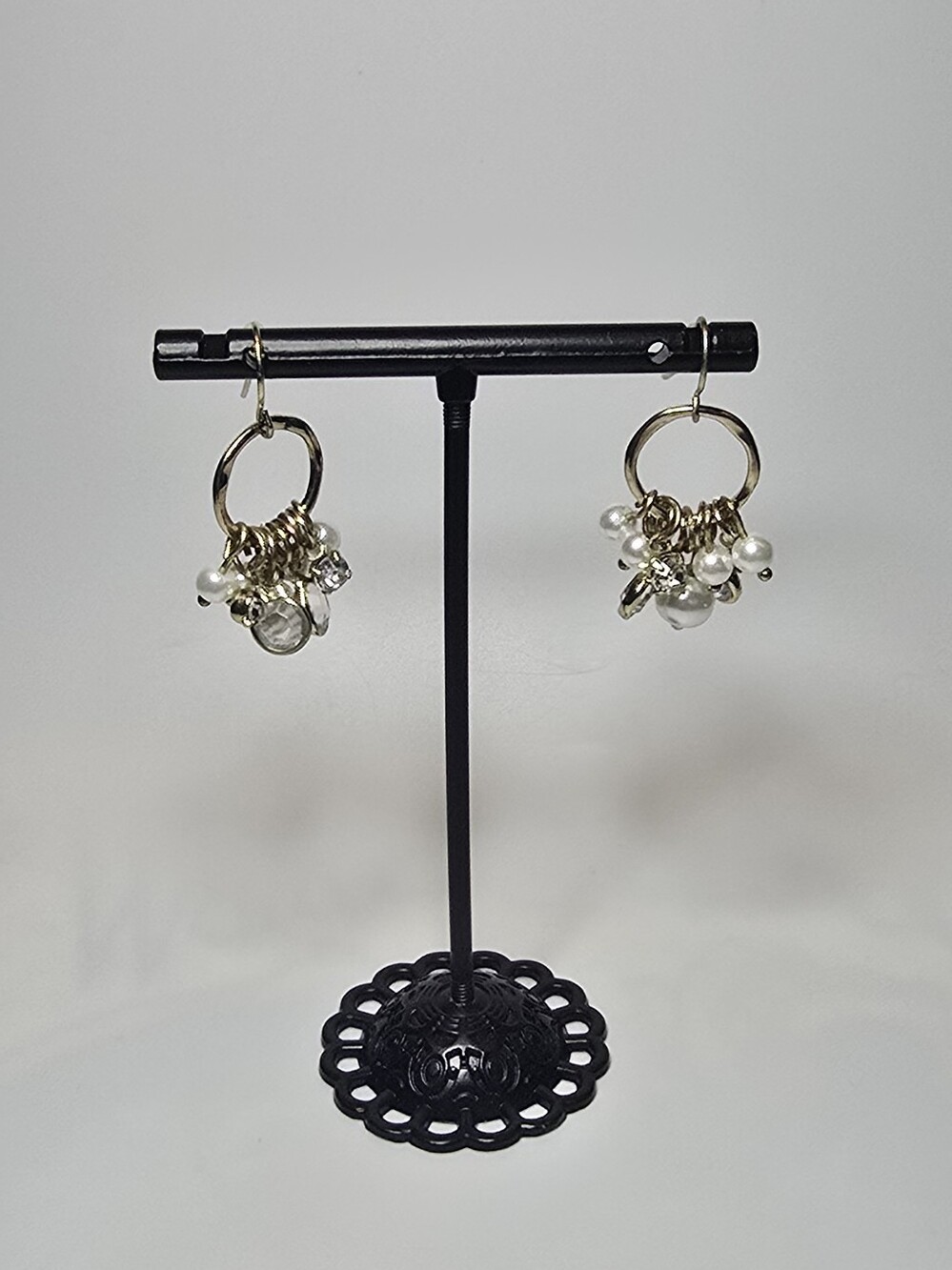 Vintage Gold Tone Drop Earrings with Pearl and Crystal Clusters